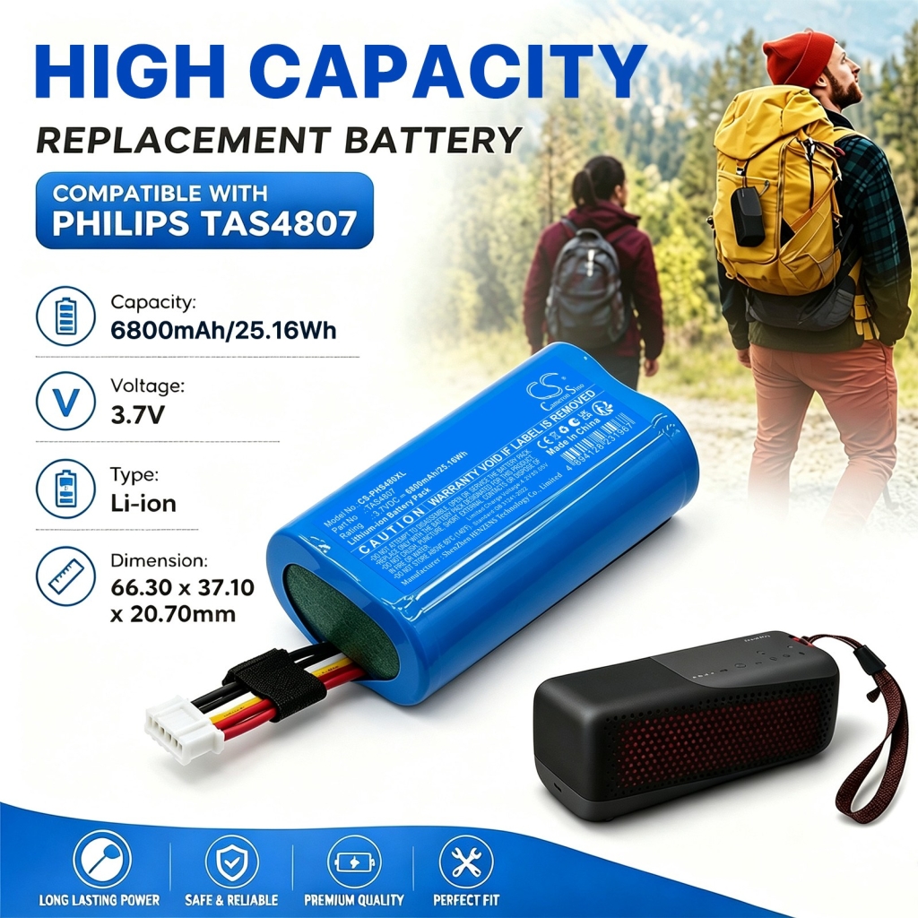 Batteries compatible with Philips S4807 Waterproof Wireless Bluetooth Speaker CS-PHS480XL