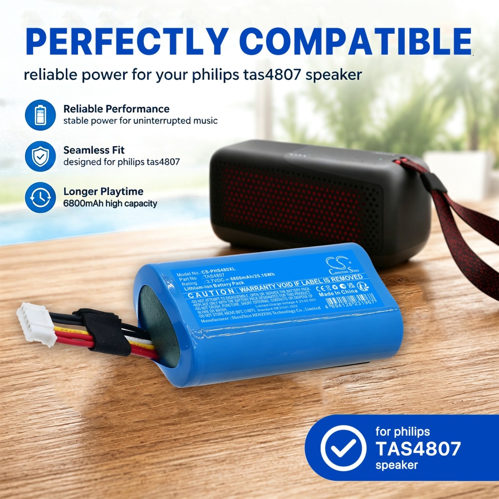 Batteries compatible with Philips S4807 Waterproof Wireless Bluetooth Speaker CS-PHS480XL