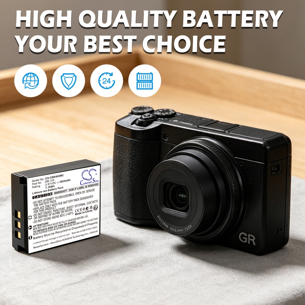 Safety features marketing image for CS-CNR400MC showing DB-120, 3.87V 1850mAh 7.16Wh label