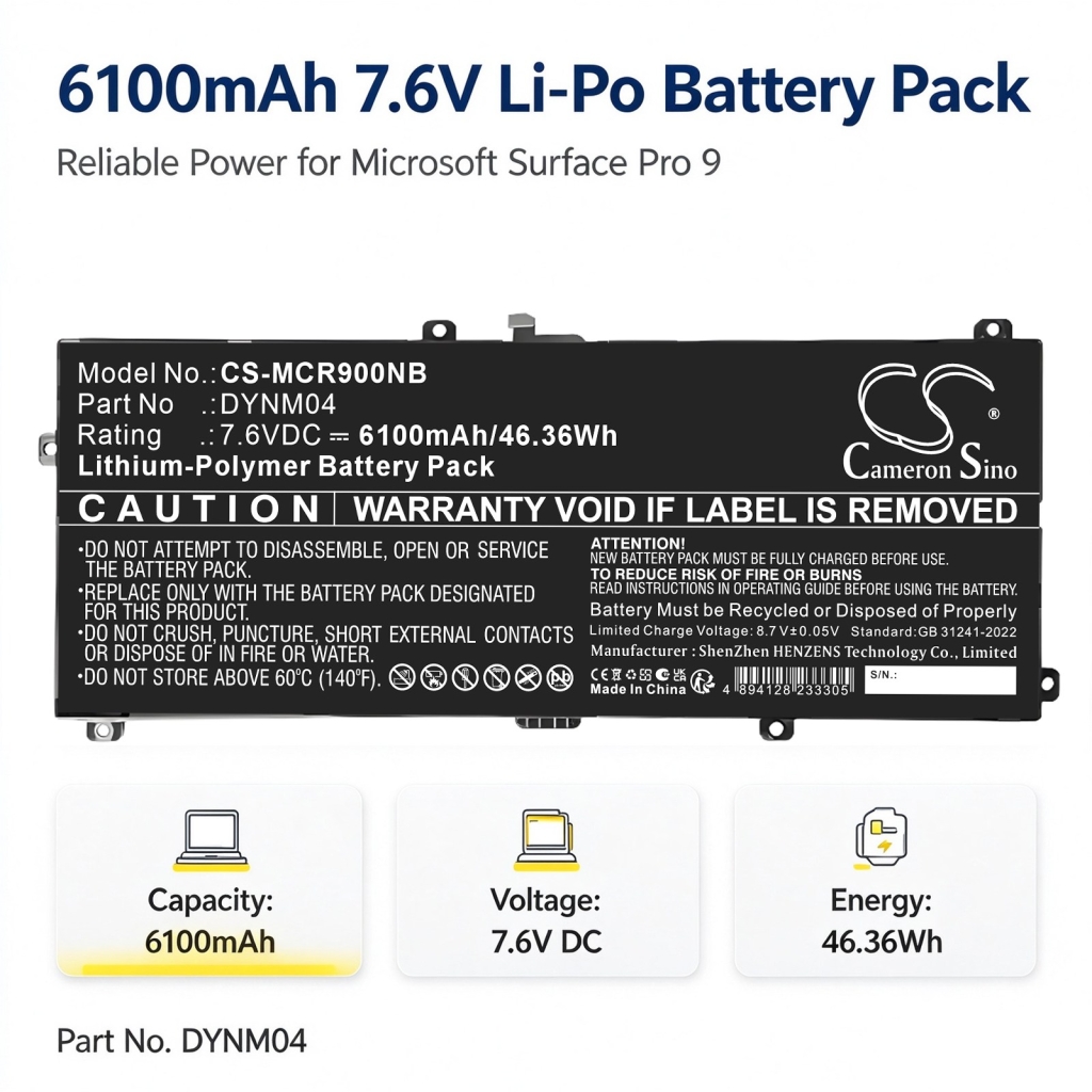 Batteries compatible with Microsoft Surface Pro 9 Pro 9 2032 CS-MCR900NB