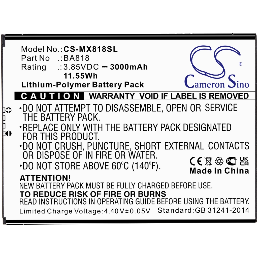 Compatible battery replacement for MeiZu BA818