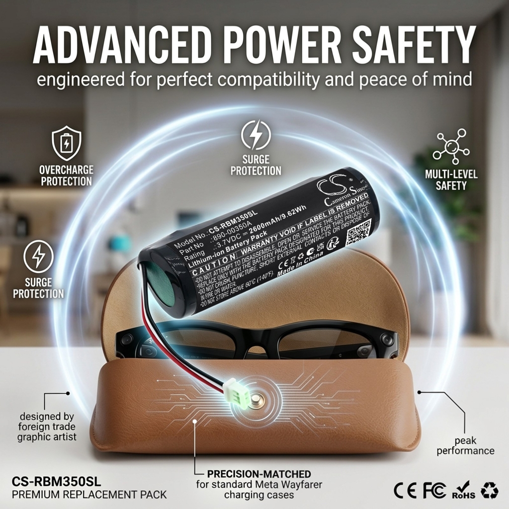 Batteries compatible with Ray-ban Meta Wayfarer Charging Case CS-RBM350SL