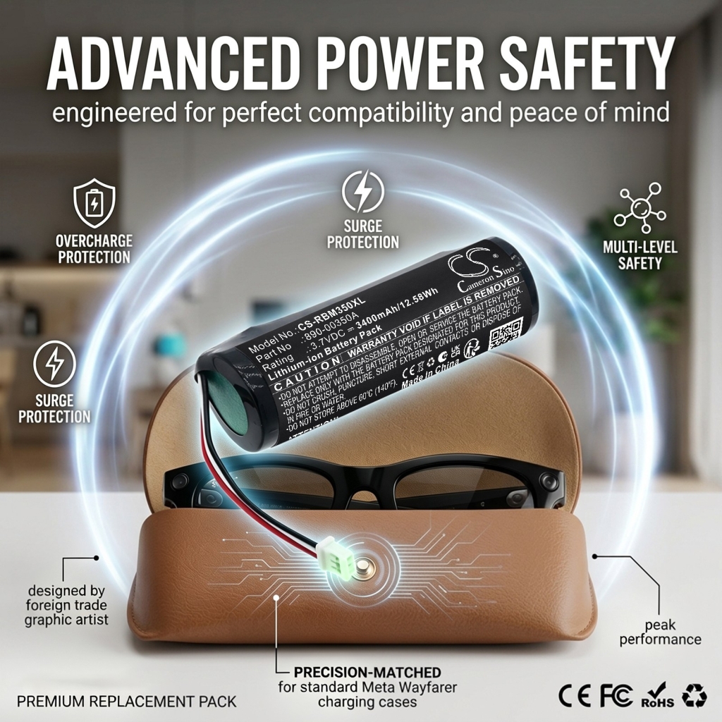 Batteries compatible with Ray-ban Meta Wayfarer Charging Case CS-RBM350XL