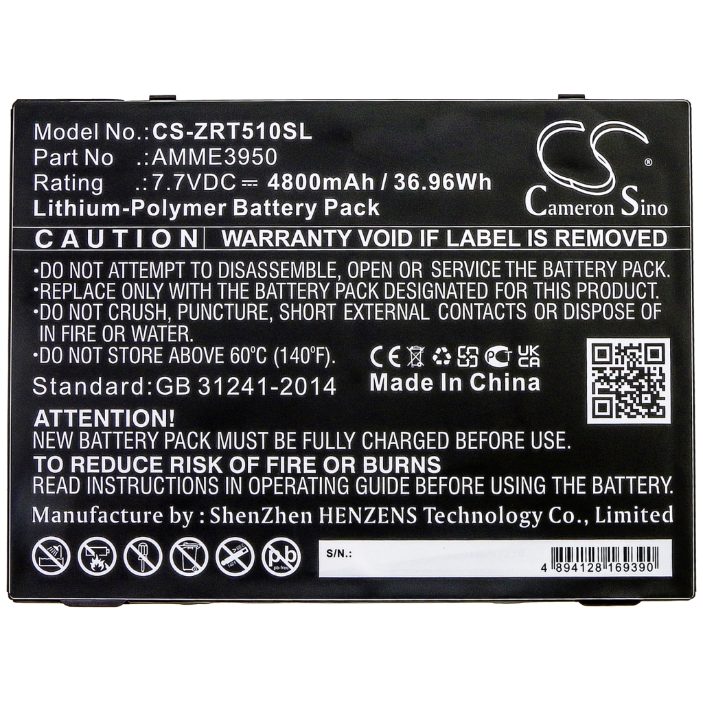 Battery compatible with Zebra CS-ZRT510SL